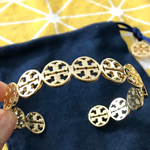 Tory Burch Gold Logo Cuff Shiny Brass Bracelet NEW - Picture 1 of 6